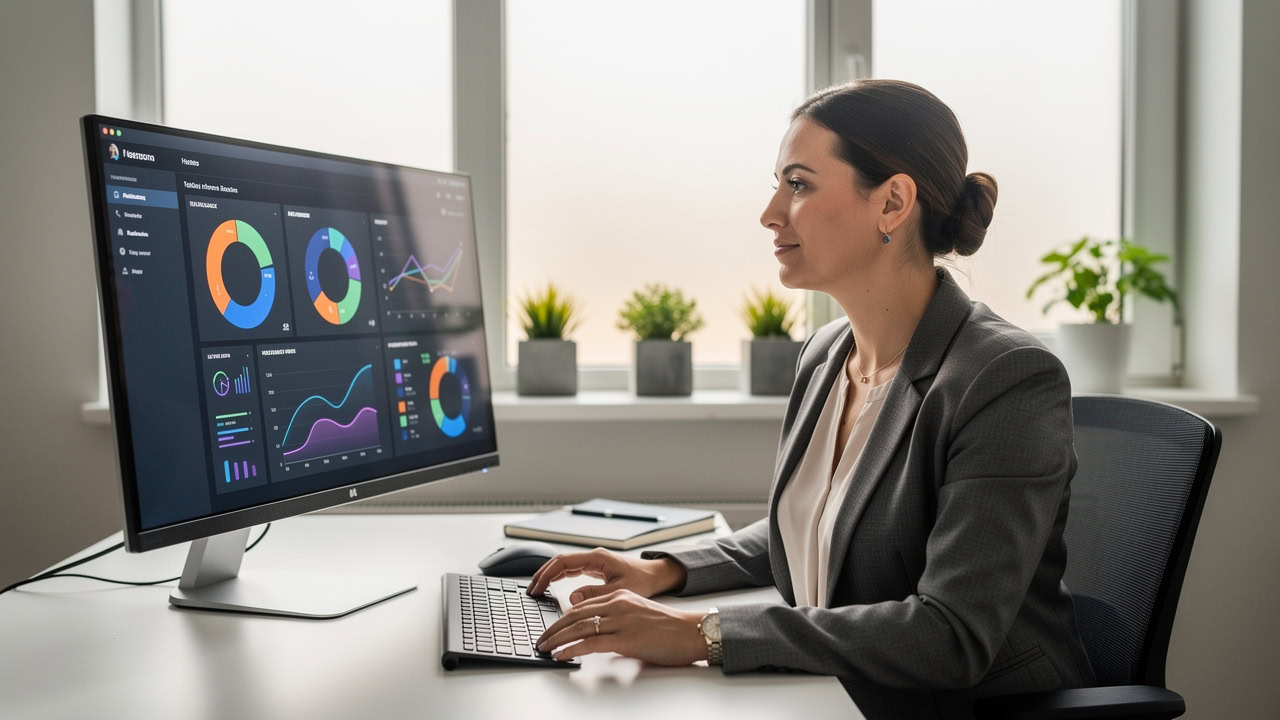 Business owner monitoring online reputation metrics on computer dashboard