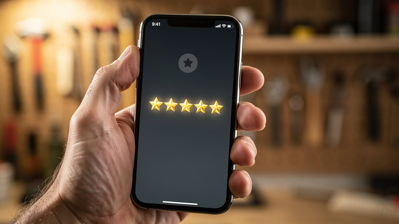Tradesperson reviewing five-star customer ratings on smartphone