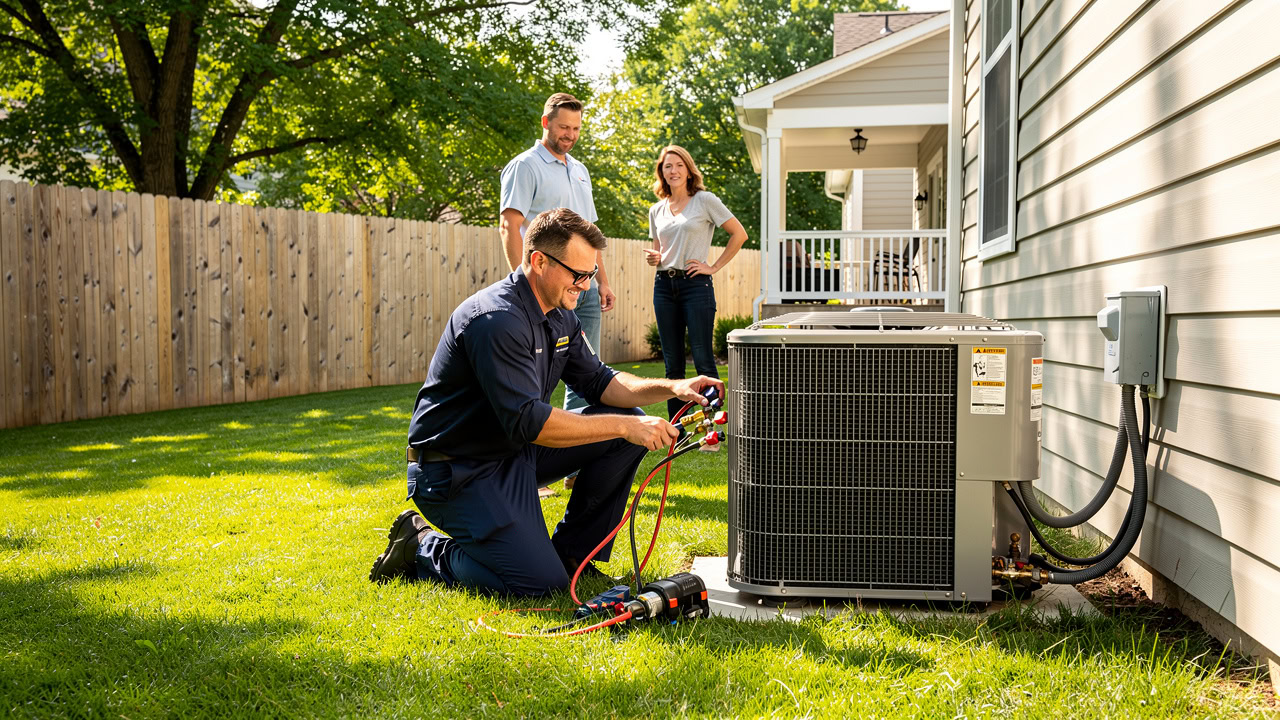 HVAC technician completing service job for satisfied homeowner
