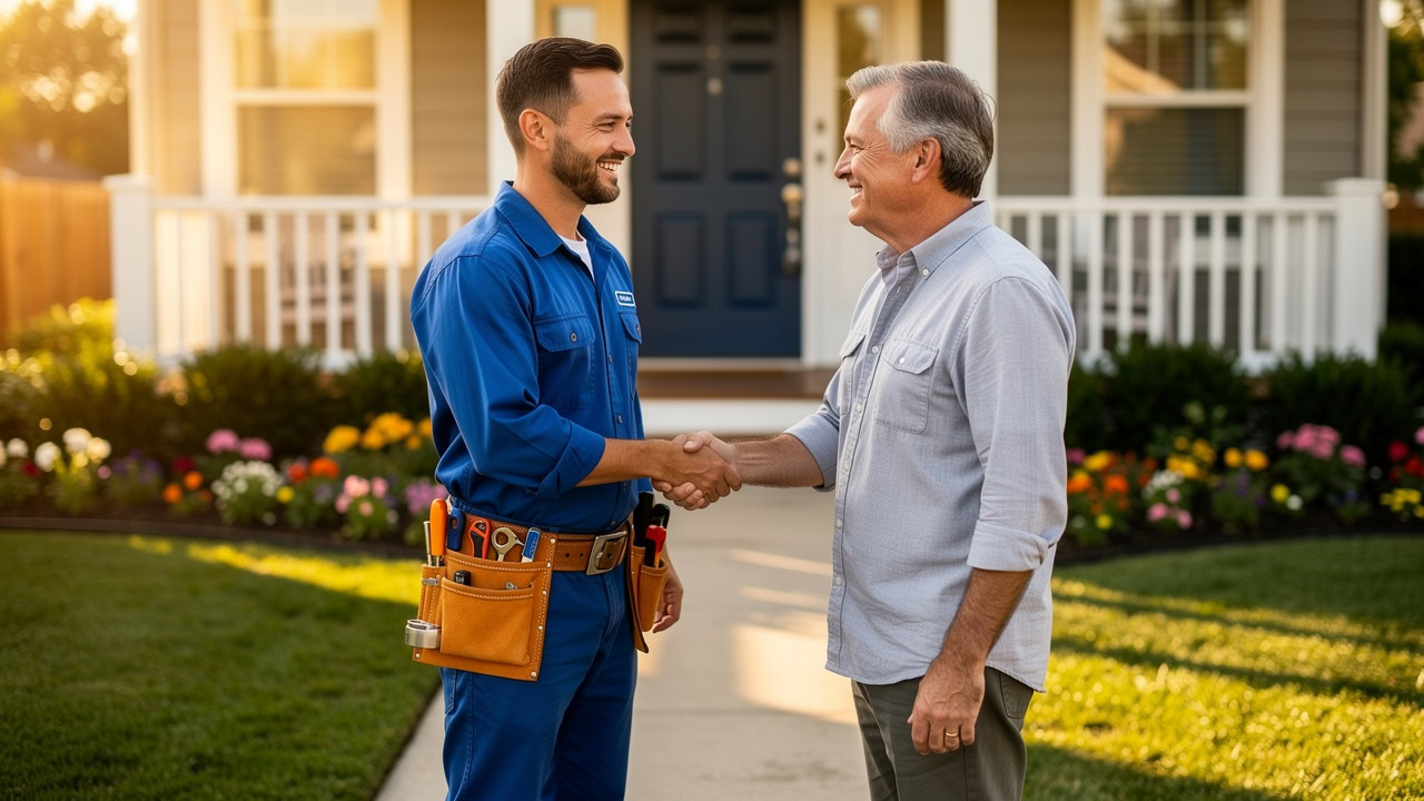 Plumber shaking hands with satisfied customer at front door