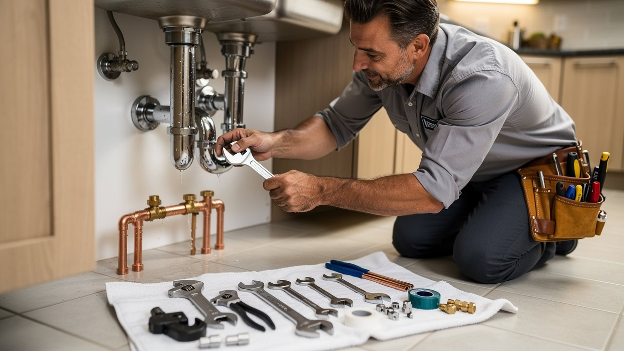 Plumber repairing pipes under modern kitchen sink