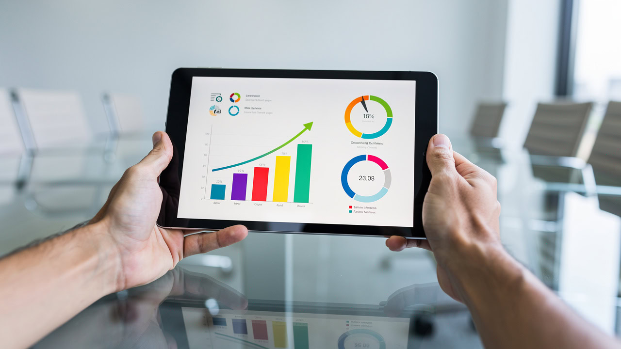 Business professional analyzing reputation ROI metrics on tablet device