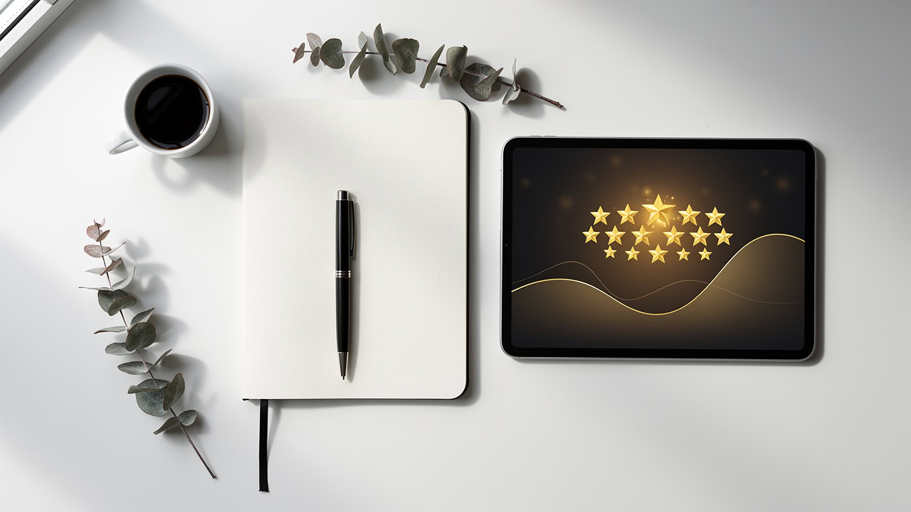 Tablet showing star rating dashboard on clean desk