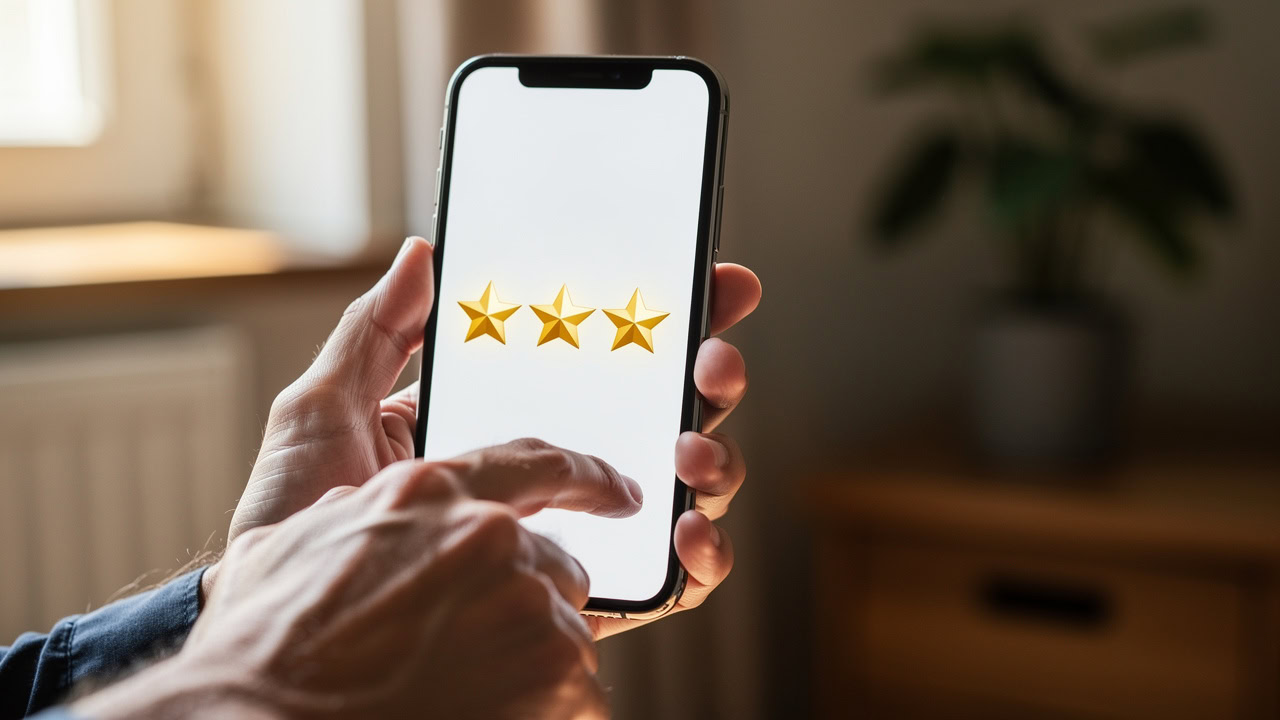 Hand holding smartphone showing five gold star rating